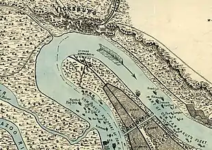 A map, with the city of Vicksburg, Mississippi at the top.  Below Vicksburg is the Mississippi River, shown in approximately the shaped of an inverted U.  Across the spit of land within the U is Grant's Canal.
