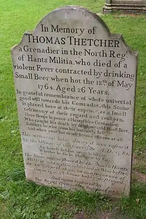 A gravestone to Thomas Thetcher of the North Hants Militia at Winchester Cathedral.