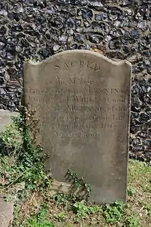 The gravestone of Elizabeth Manning in Chadwell churchyard