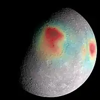 Mass concentrations (red; Caloris Basin at center, Sobkou Planitia at right), detected via gravity anomalies, provide evidence for subsurface structure and evolution.