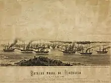 The Jequitinhonha (left) trapped on a sandbar during the Battle of Riachuelo.