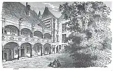 Drawing of large courtyard with trees, flanked by buildings