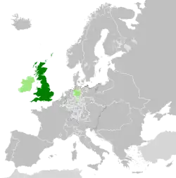 Great Britain in 1789; Kingdom of Ireland and Electorate of Hanover in light green