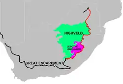 The Lesotho Highlands in a map of Southern Africa.