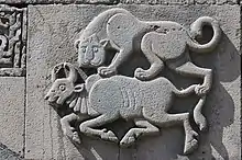 Figural imagery of lion and bull in carved stone at the Great Mosque of Diyarbakir (12th century, Artuqid period)