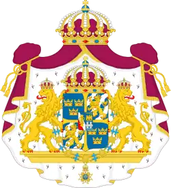 Greater arms of Sweden, featuring a purple mantle but with no pavilion