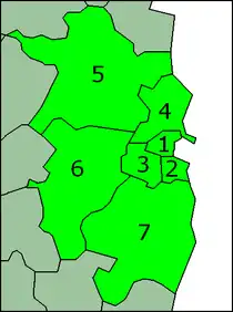 Maximal definition: 1. Dublin city, 2. Dún Laoghaire–Rathdown, 3. South Dublin, 4. Fingal, 5. Meath, 6. Kildare 7. Wicklow
