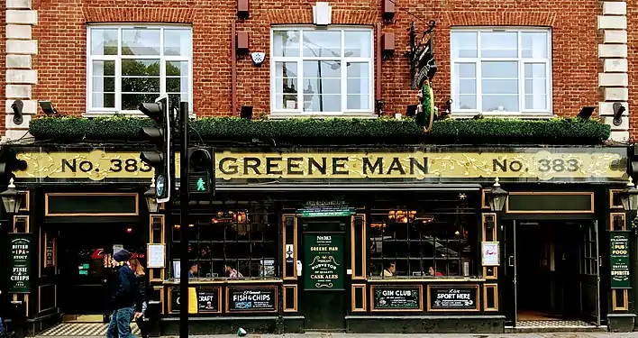 The Greene Man in 2019.  Notice the green man sign for pedestrians in the traffic light.