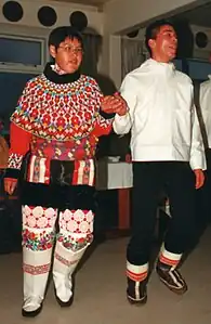 Dancing in ceremonial kamiit in Ilulissat, Greenland in 1999. Note flexibility and lack of lacing.