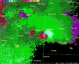 Radar view of a mesocyclone. Note that at the time of this image, an EF5 tornado was currently on the ground.