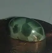 A polished cabochon of green pumpellyite showing the desirable chatoyant, cell-like structure found in the Michigan material.