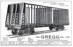 A builder's photo of a sugarcane car built by Gregg Company and used in an advertisement for the manufacturer. The background was removed from the photograph before it was used in the advertisement.