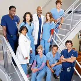 A photo of the Grey's Anatomy characters in surgical scrubs