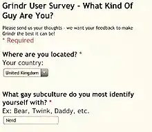 Grindr survey asking users what subculture they identify with
