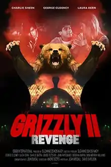 Poster shows images of Charlie Sheen, George Clooney and Laura Dern. Below them is a giant grizzly bear in a fierce attacking position. Within the bear image is a concert stage with a big explosion in the background and below is the film's title.