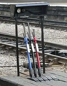 A ground frame contains a few levers for manually operating nearby points:Blue lever: ReleaseBlack lever: PointsRed lever: Signal