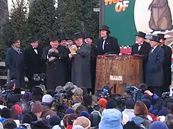 Punxsutawney Phil emerges on Groundhog Day 2005 in eastern Young Township.