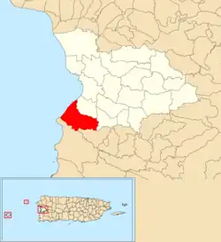 Location of Guanajibo within the municipality of Mayagüez shown in red