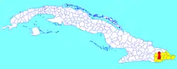 Guantánamo municipality (red) within  Guantánamo Province (yellow) and Cuba