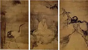 Muqi, Guanyin, Crane, and Gibbons, Southern Song (Chinese), 13th century, set of three hanging scrolls, ink and color on silk, height: 173.9–174.2 cm (68.5–68.6 in), collected in Daitokuji, Kyoto, Japan. Designated National Treasure.