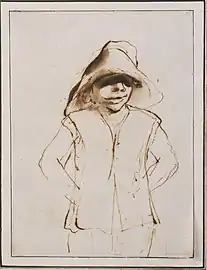 Guercino, Boy in a Large Hat, 1630s-40s, pen and brown ink with brush and brown wash on beige laid paper