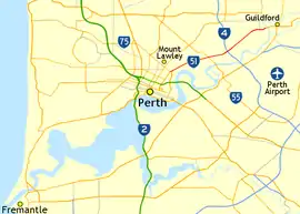 Road map showing Guildford Road between central Perth and Guildford to the north-east