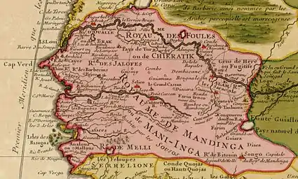 Senegambia c. 1707. Waalo marked as Re. D'Oualle ou de Brak in the upper left.