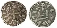 Two sides of a small coin, one of them depicting a cross