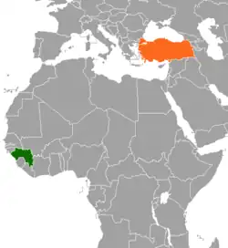 Map indicating locations of Guinea and Turkey