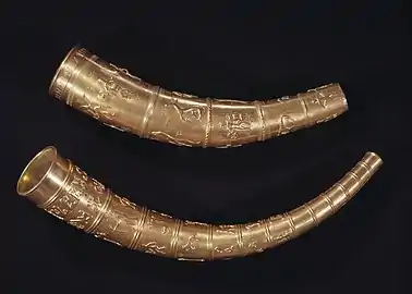 Copies of the two golden horns of Gallehus from around the 4th century