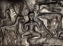 The antlered figure on the Gundestrup cauldron c. 1 to 2 BCE found in Denmark