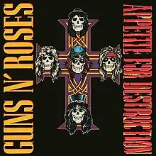 skulls resembling the members of Guns N’ Roses on an ornate cross on a black background, with the band name and album title written sideways on the left and right, respectively.