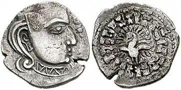 Coin of Gupta ruler Skandagupta (r.455-467), in the style of the Western Satraps.