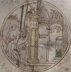 Roundel from Guthlac Roll, 1210: Guthlac builds a chapel at Crowland
