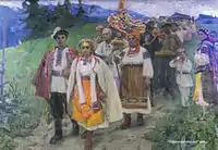 Hutsul Wedding, (1959). Oil on canvas, 180 × 241 cm.Ivan Gonchar Museum, Kyiv.