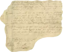 A small irregular section of parchment upon which several lines of handwritten text are visible. Several elaborate signatures bookend the text, at the bottom.