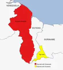 Disputed areas of Guyana with Venezuela (red) and Suriname (yellow)