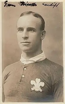 Portrait of Nicholls wearing his Wales top, which includes the Prince of Wales feathers on the left breast