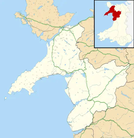 Map of Gwynedd showing the position of the quarry