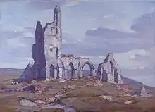 The shattered ruins of a church rise above a cratered landscape