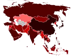 Number of confirmed cases of A(H1N1) virus in Asia:  50 000+ cases  5 000+ cases  500+ cases  50+ cases  5+ cases  1+ cases