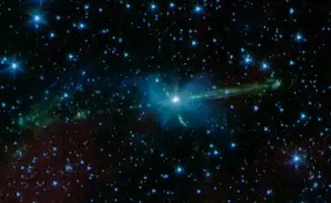 HH 111 seen by the Spitzer Space Telescope in infrared, showing also HH 121
