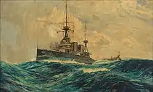 Painting of a warship at sea