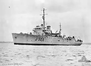 HMAS Benalla shortly after she was commissioned. A gun shield was later fitted to her 4-inch gun.