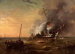 HMS Bombay; on Fire at Montevideo, Uruguay, 14 December 1864 by George Cochrane Kerr