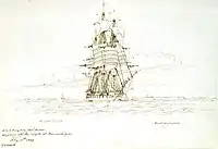 HMS Eurydice weighing anchor off Fort St Sebastian, Mozambique, 10 February 1849. Mends was her senior lieutenant.