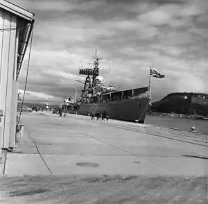 Weapon-class destroyer HMS Crossbow (D96) moored at Trondheim. May 1961 (IWM HU 129783).