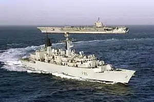 Naval blockade by British frigate HMS Cumberland (here pictured with USS Dwight D. Eisenhower in view)