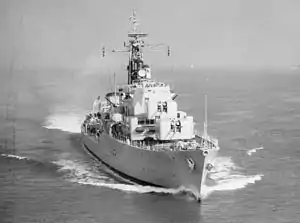 Aft view of Daring-class destroyer HMS Dainty (D108), 22 October 1964 (IWM HU 129785)