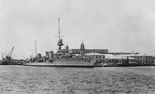 HMS Dauntless (D45) at the Royal Naval Dockyard in Bermuda in the 1930s